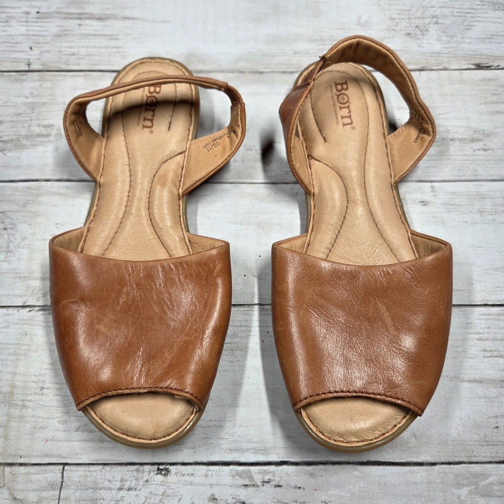 Born F18816 Peep Toe Slingback Sandals Womens 8M Brown Leather Flat Shoes